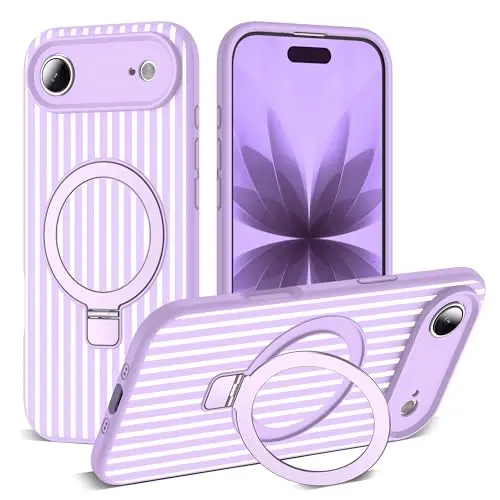 SKYLMW Совместим с чехлом для iPhone Air с магнитной невидимой подставкой [Совместим с Mag-Safe] [Милый эстетичный полосатый узор] Силиконовый чехол для телефона 17 Air для женщин и мужчин 6,5 дюйма, светло-фиолетовый/белый 