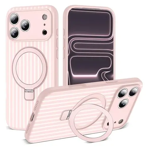 SKYLMW Совместимо с чехлом для iPhone 17 Pro с магнитной невидимой подставкой [Совместимо с Mag-Safe] [Милый эстетичный полосатый узор] Силиконовый чехол для телефона 17 Pro для женщин и мужчин 6,3 дюйма, розовый/белый 