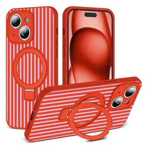 SKYLMW Совместимый с чехлом для iPhone 15 с магнитной невидимой подставкой [Совместимость с Mag-Safe] [Милый эстетичный полосатый узор] Силиконовый чехол для телефона 15 для женщин и мужчин 6,1 дюйма, красный/розовый 