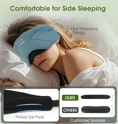 Sleep Mask with Headphones Bluetooth 5.4, LC-dolida Soft Bamboo Cotton Wireless Bluetooth Sleep Mask, Music Sleeping Headphones Breathable, Ultra-Thin Stereo Speaker for Side Sleepers - Ash Blue - 3