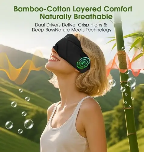 Sleep Mask with Headphones Bluetooth 5.4, LC-dolida Soft Bamboo Cotton Wireless Bluetooth Sleep Mask, Music Sleeping Headphones Cooling & Breathable, Ultra-Thin Stereo Speaker for Side Sleepers - 6