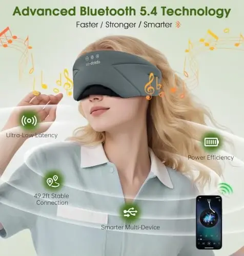 Sleep Mask with Headphones Bluetooth 5.4, LC-dolida Soft Bamboo Cotton Wireless Bluetooth Sleep Mask, Music Sleeping Headphones Cooling & Breathable, Ultra-Thin Stereo Speaker for Side Sleepers - 4