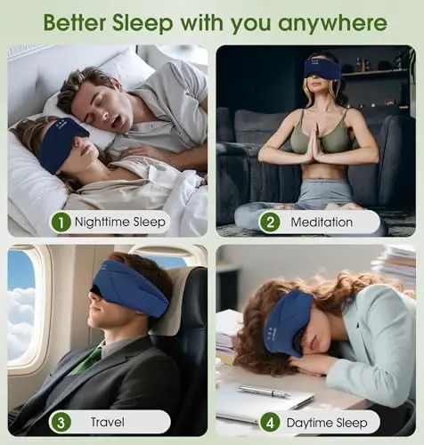 Sleep Mask with Headphones Bluetooth 5.4, LC-dolida Soft Bamboo Cotton Wireless Bluetooth Sleep Mask, Music Sleeping Headphones Cooling & Breathable, Ultra-Thin Stereo Speaker for Side Sleepers-Blue - 5