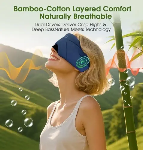 Sleep Mask with Headphones Bluetooth 5.4, LC-dolida Soft Bamboo Cotton Wireless Bluetooth Sleep Mask, Music Sleeping Headphones Cooling & Breathable, Ultra-Thin Stereo Speaker for Side Sleepers-Blue - 6