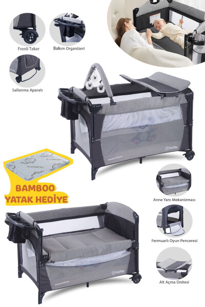 Sleep Side Play Anne Yanı Park Yatak Sallanır Cibinlikli Oyun Parkı Beşik 70X110 Cm +Yataklı-Gri - HOFFIE