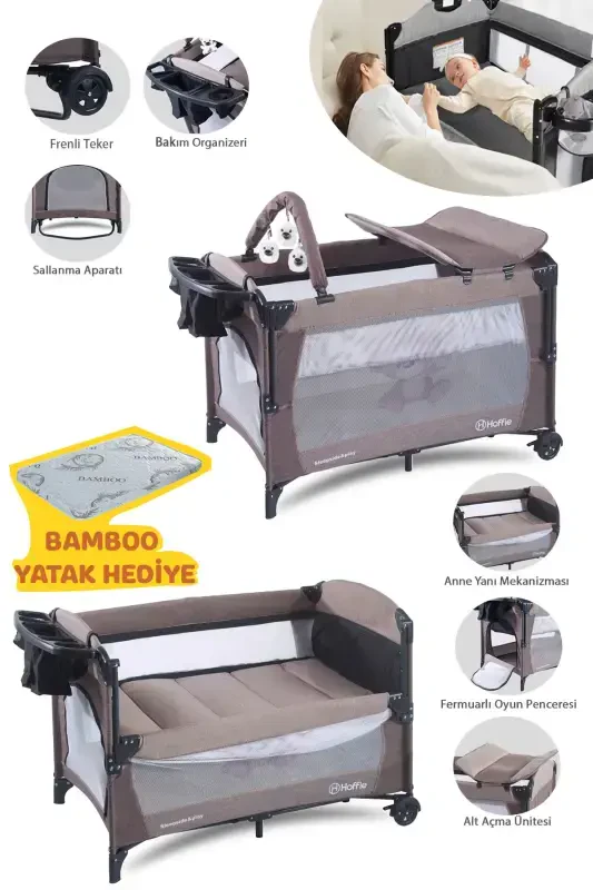 Sleep Side Play Beside Crib Rocking Crib with Canopy Playpen 70X110 Cm with Mattress Gift-Brown - 1