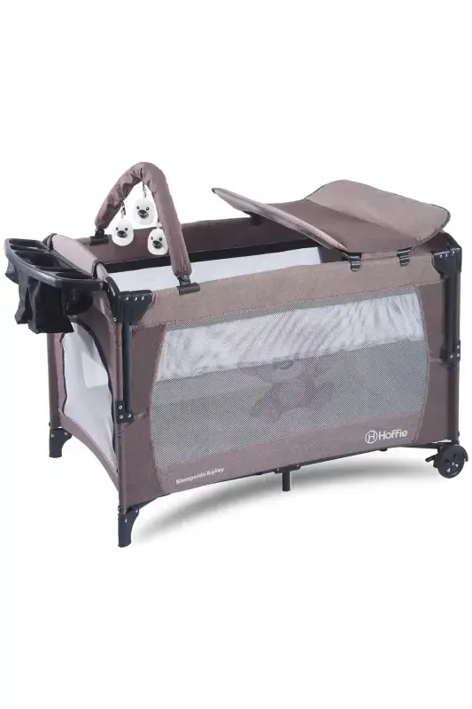 Sleep Side Play Beside Crib Rocking Crib with Canopy Playpen 70X110 Cm with Mattress Gift-Brown - 2