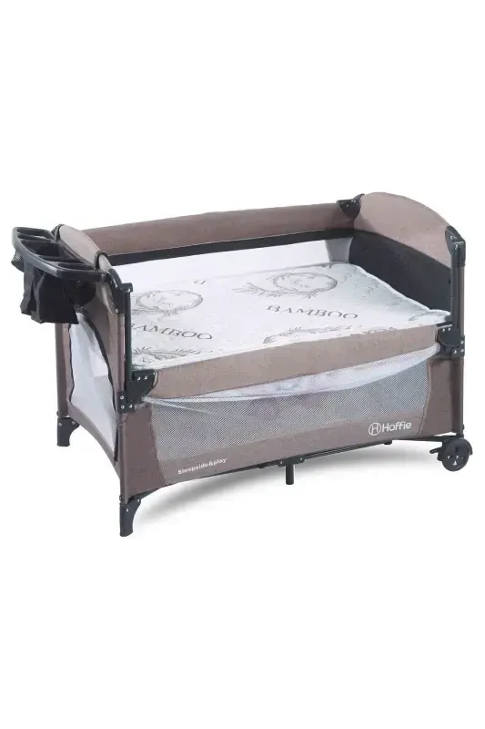 Sleep Side Play Beside Crib Rocking Crib with Canopy Playpen 70X110 Cm with Mattress Gift-Brown - 3