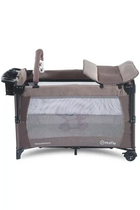 Sleep Side Play Beside Crib Rocking Crib with Canopy Playpen 70X110 Cm with Mattress Gift-Brown - 4