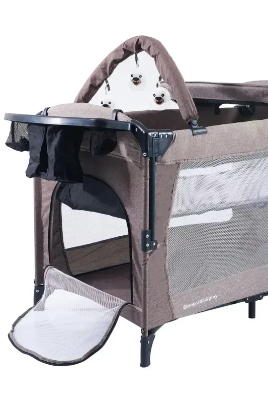 Sleep Side Play Прикроватная кроватка-манеж с балдахином, качалка, 70х110 см, коричневая (матрас в подарок) - 6