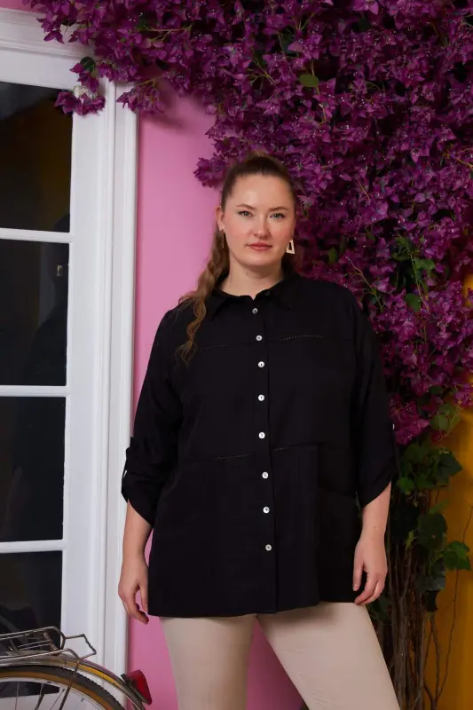Sleeve and Crochet Detailed Plus Size Black Shirt - BÜYÜKBEDENIZ