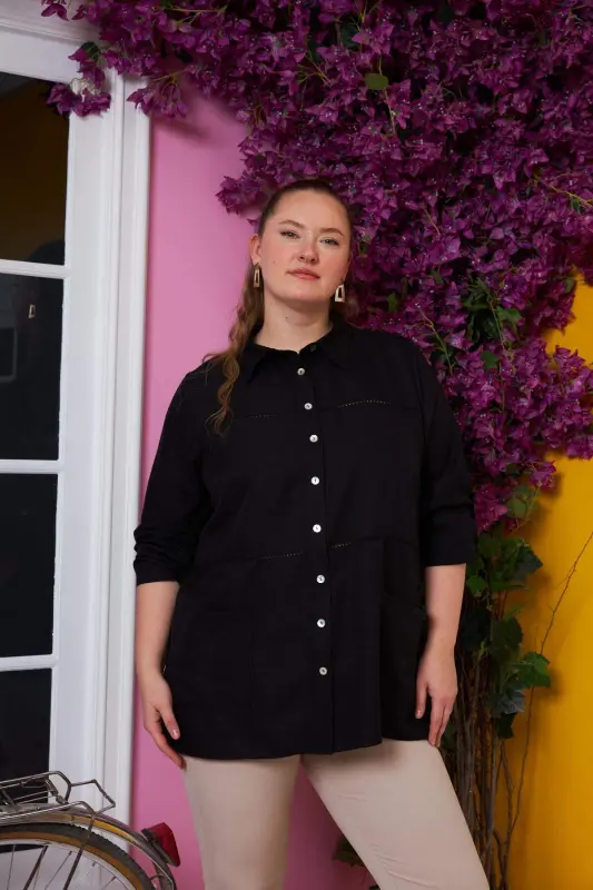 Sleeve and Crochet Detailed Plus Size Black Shirt - 3