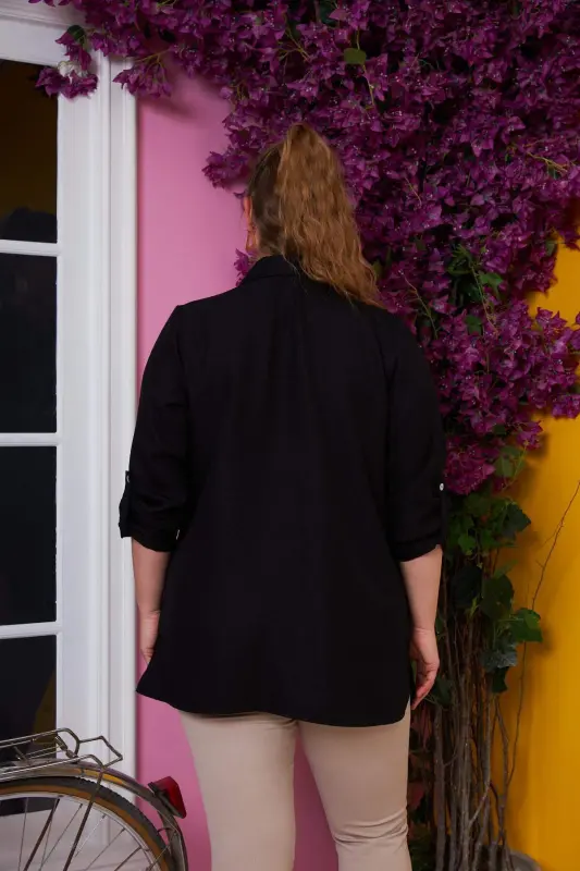 Sleeve and Crochet Detailed Plus Size Black Shirt - 4