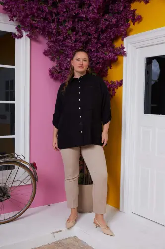 Sleeve and Crochet Detailed Plus Size Black Shirt - 5