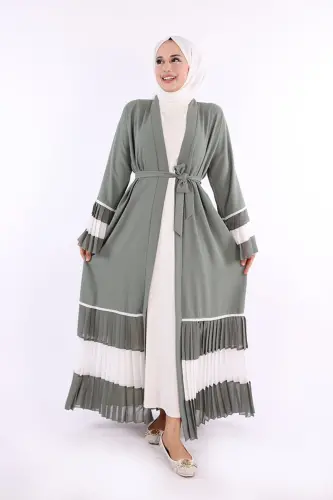 Sleeve and Hem Two Color Belted Pleated Abaya 7454 Mint-Mint - 3