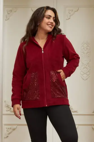 Sleeve And Pocket Sequined Plus Size Burgundy Cardigan - 1