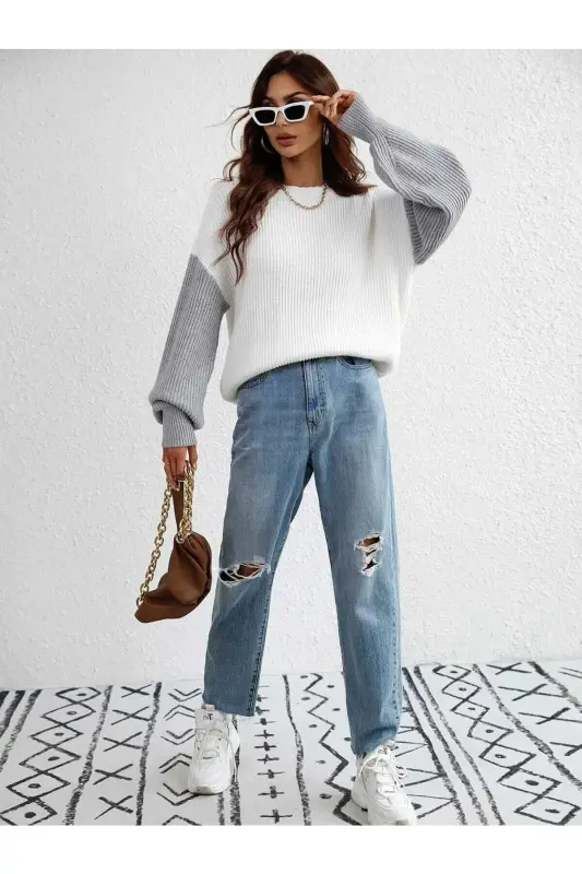 Sleeve Colorful Thessaloniki Knitwear Oversize White Women's Sweater-white - GENEL MARKALAR