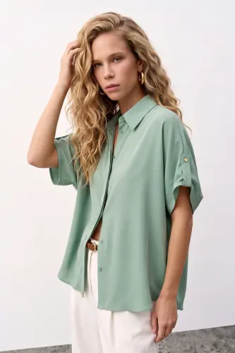 Sleeve Detail Loose Shirt - Mint - Mint - 4