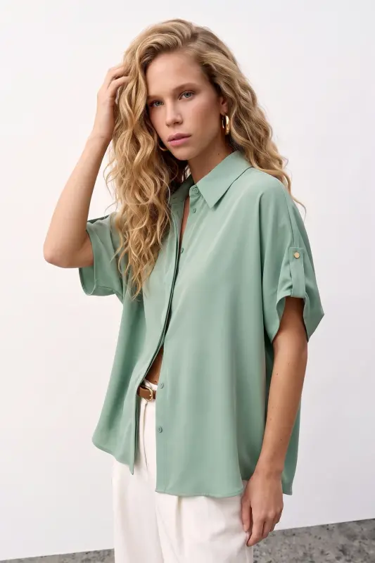 Sleeve Detail Loose Shirt - Mint - Mint - 4