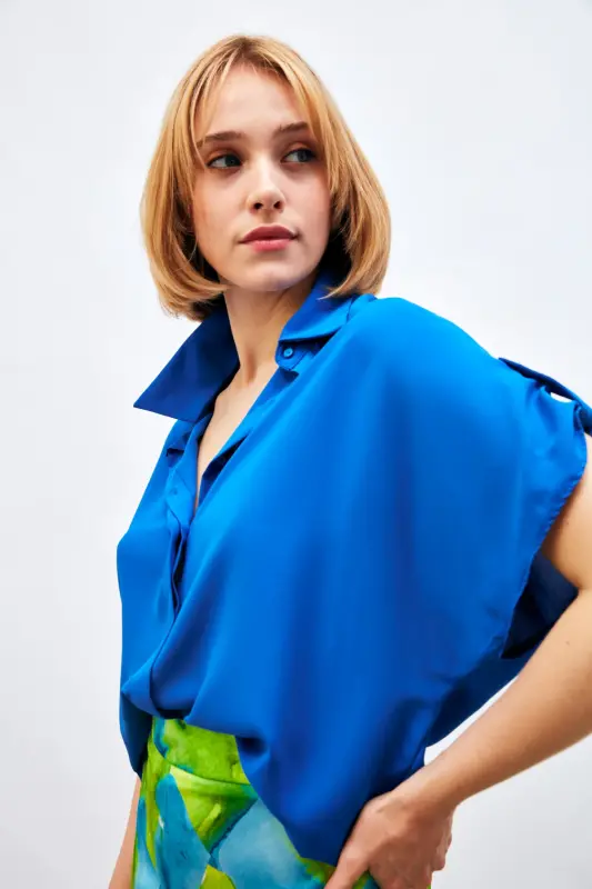 Sleeve Detailed Baggy Shirt - Sax Blue - SAX BLUE - 4