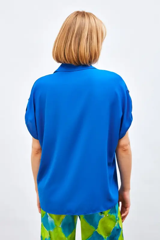 Sleeve Detailed Baggy Shirt - Sax Blue - SAX BLUE - 6
