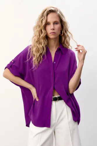 Sleeve Detailed Loose Shirt - Purple - Purple - 3