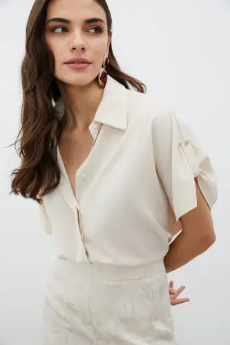 Sleeve Detailed Oversize Shirt - Beige-BEIGE 