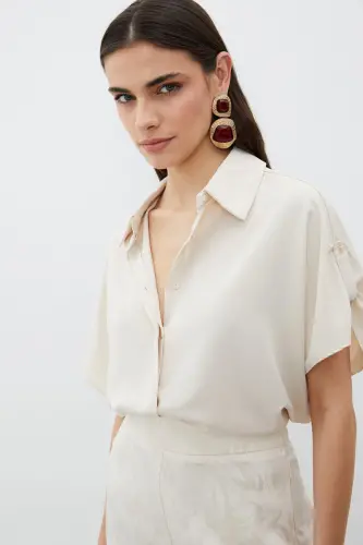 Sleeve Detailed Oversize Shirt - Beige-BEIGE - 3
