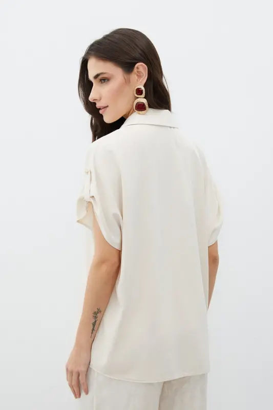 Sleeve Detailed Oversize Shirt - Beige-BEIGE - 5