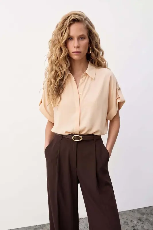 Sleeve Detailed Oversize Shirt - Beige-BEIGE - 2