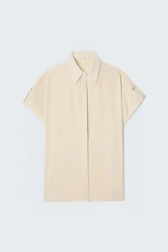 Sleeve Detailed Oversize Shirt - Beige-BEIGE - 4