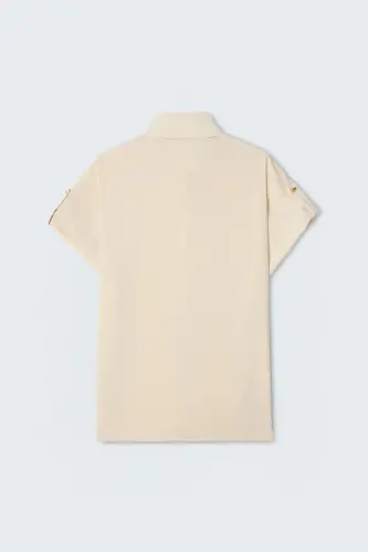 Sleeve Detailed Oversize Shirt - Beige-BEIGE - 6