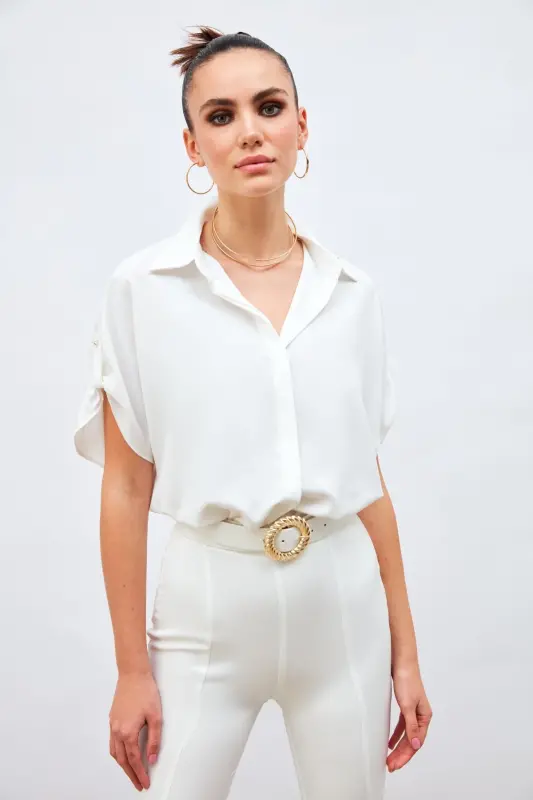 Sleeve Detailed Oversize Shirt - Ecru-ECRU - SATEEN