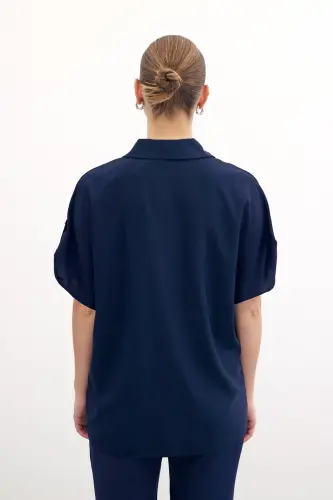 Sleeve Detailed Oversize Shirt - Navy-NAVY - 5