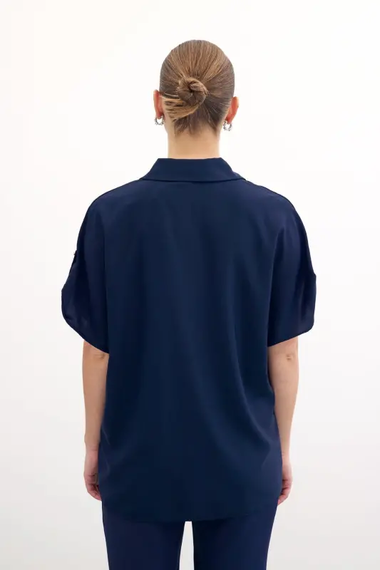 Sleeve Detailed Oversize Shirt - Navy-NAVY - 5