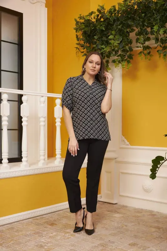 Sleeve Detailed Patterned Black Plus Size Shirt - 8