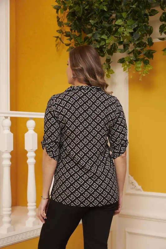 Sleeve Detailed Patterned Black Plus Size Shirt - 5