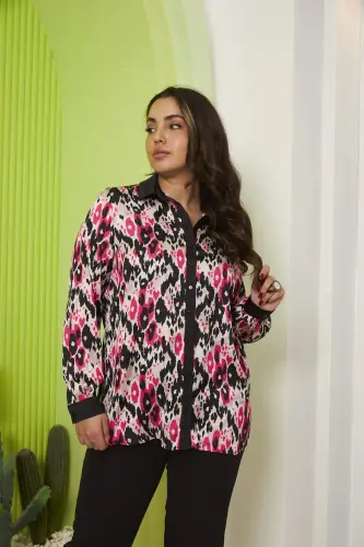Sleeve Detailed Patterned Plus Size Fuchsia Satin Shirt - 3