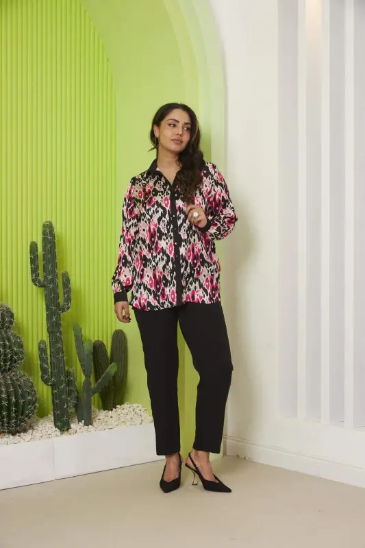 Sleeve Detailed Patterned Plus Size Fuchsia Satin Shirt - 5