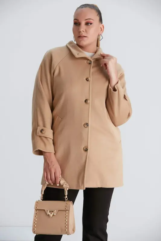 Sleeve Detailed Plus Size Brown Wool Coat - BÜYÜKBEDENIZ