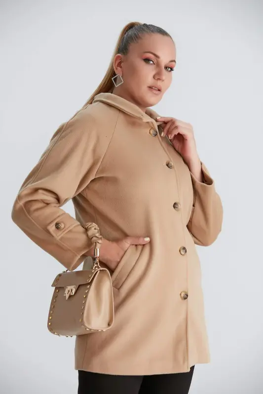 Sleeve Detailed Plus Size Brown Wool Coat - 2