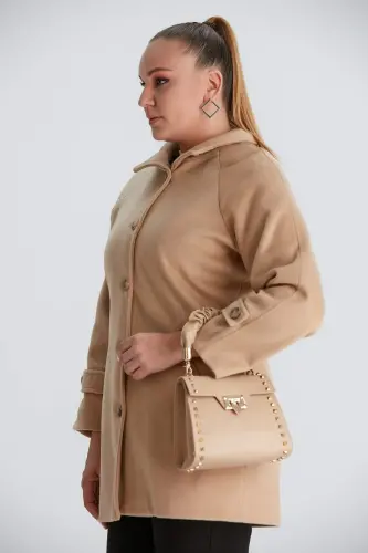 Sleeve Detailed Plus Size Brown Wool Coat - 3
