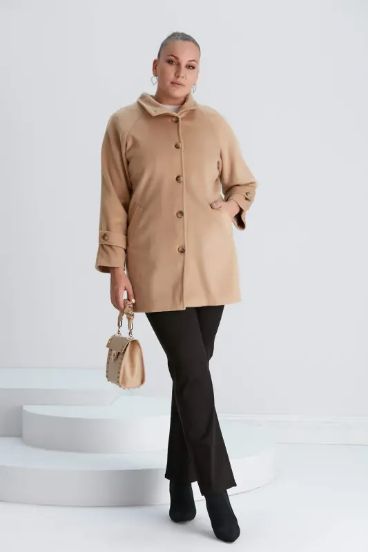 Sleeve Detailed Plus Size Brown Wool Coat - 4