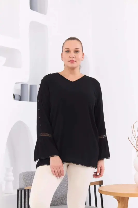 Sleeve Detailed Plus Size Crinkle Black Blouse - 1