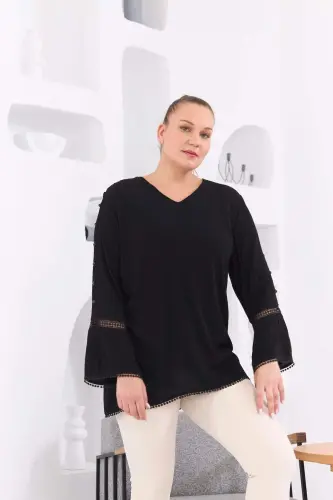 Sleeve Detailed Plus Size Crinkle Black Blouse - BÜYÜKBEDENIZ (1)