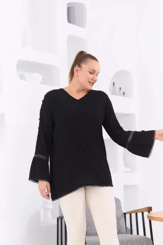 Sleeve Detailed Plus Size Crinkle Black Blouse - 8