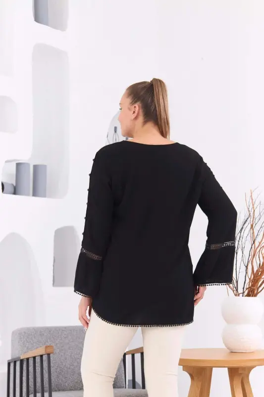 Sleeve Detailed Plus Size Crinkle Black Blouse - 7