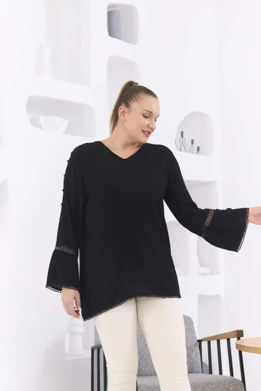 Sleeve Detailed Plus Size Crinkle Black Blouse - 4