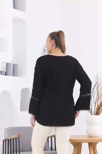 Sleeve Detailed Plus Size Crinkle Black Blouse - 5