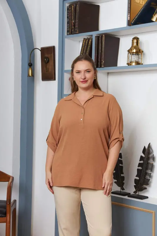 Sleeve Detailed Plus Size Shirt Collar Blouse Camel - BÜYÜKBEDENIZ